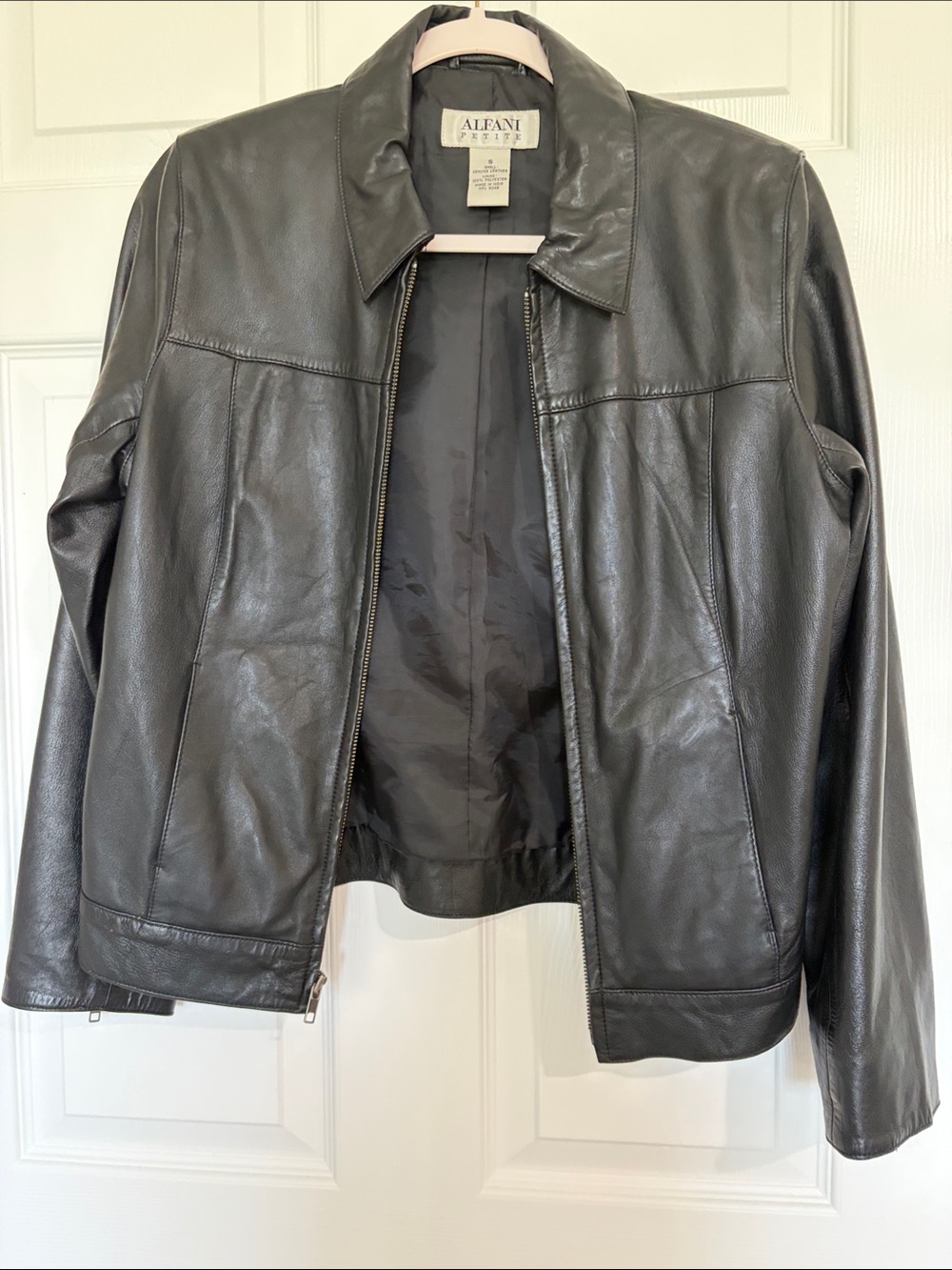 Alfani Petite Genuine Black Buttery 90s Y2K Minimalist Leather Zip-Up Jacket
